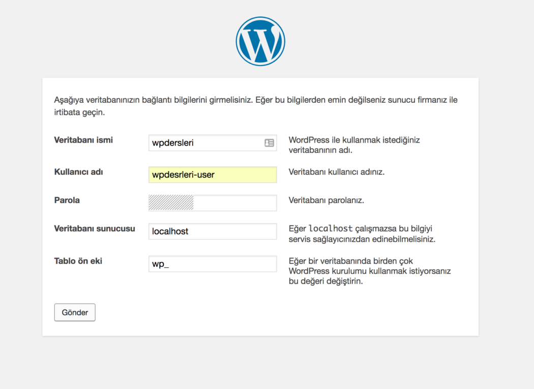 wordpress kurulumu veri tabanı bilgileri