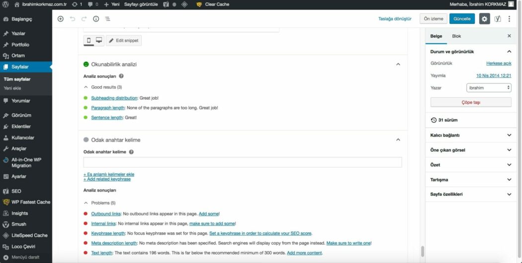 WordPress SEO Yoast SEO içerik analizi