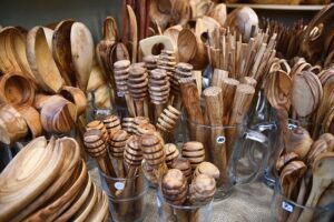 Display of handmade wooden cooking utensils