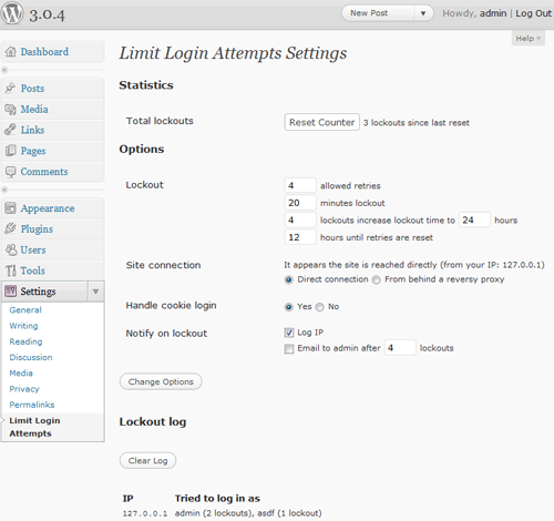 Limit Login Attempts Plugin Settings Screen
