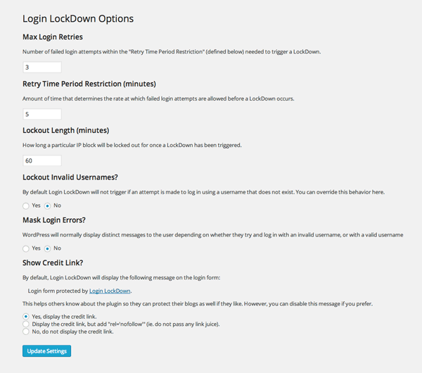 Login Lockdown Plugin Options