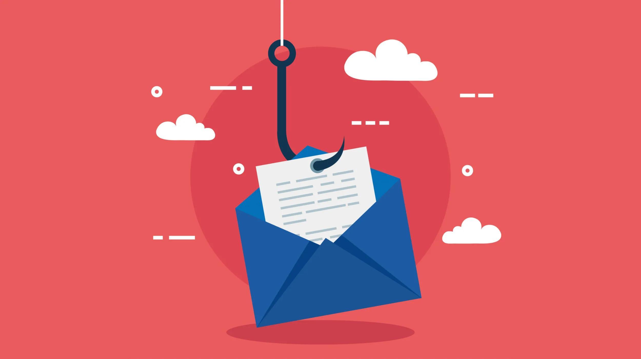 Illustration of a fishing hook pulling a letter out of a blue envelope, symbolizing email phishing, set against a red background with white clouds and abstract shapes.