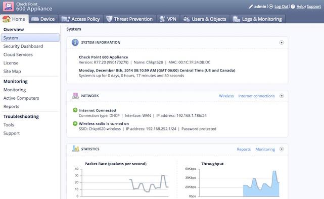 Clear tabs across the top of Check Point UTM’s management dashboard cover the different security features.