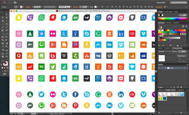 Selected social media icons on Adobe Illustrator