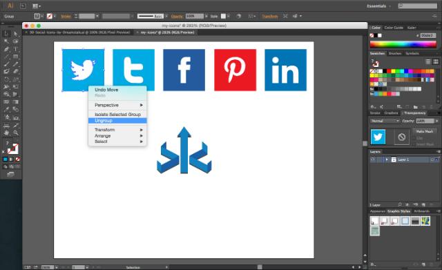 Ungroup on Adobe Illustrator social media icons