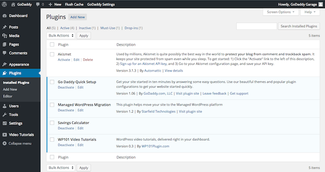 Plugins list inside WordPress