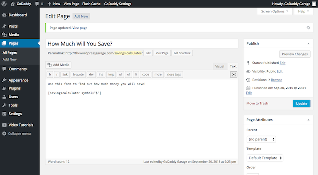 WordPress Page Editor With Plugin Shortcode Added