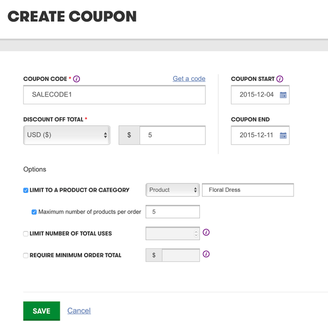 You can create special coupon codes by logging into your GoDaddy Online Store and going to Promote > Coupons > Add Coupon.