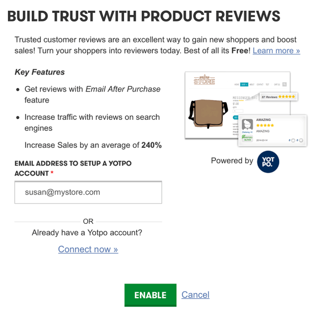 A partnership with YotPo makes it easy for your GoDaddy Online Store customers to write reviews on your products. To enable this feature, log into your product, click Promote, and then select Turn on Product Reviews. That will take you to the YotPo admin page, where you can select the Targeted Review Requests option on the left nav. This will send each customer an email to review your products.