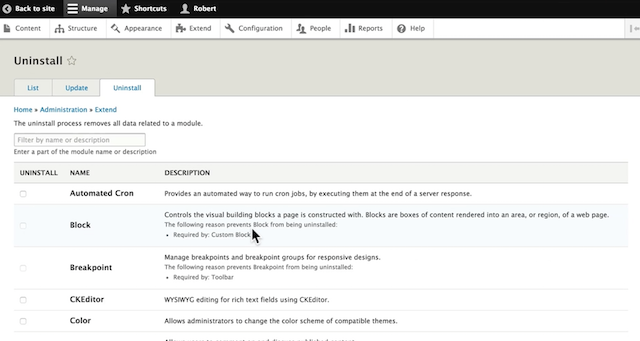 Drupal 8 Uninstall Modules