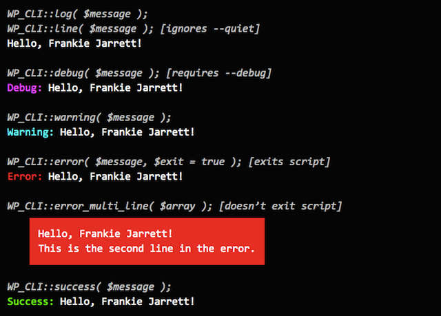 WP-CLI Output Strings Example