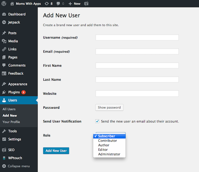 WordPress A New User Screen With Highlight on User Roles