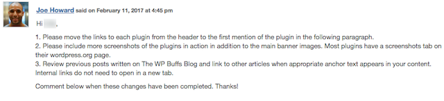 Example of editor comments left on a post with Edit Flow