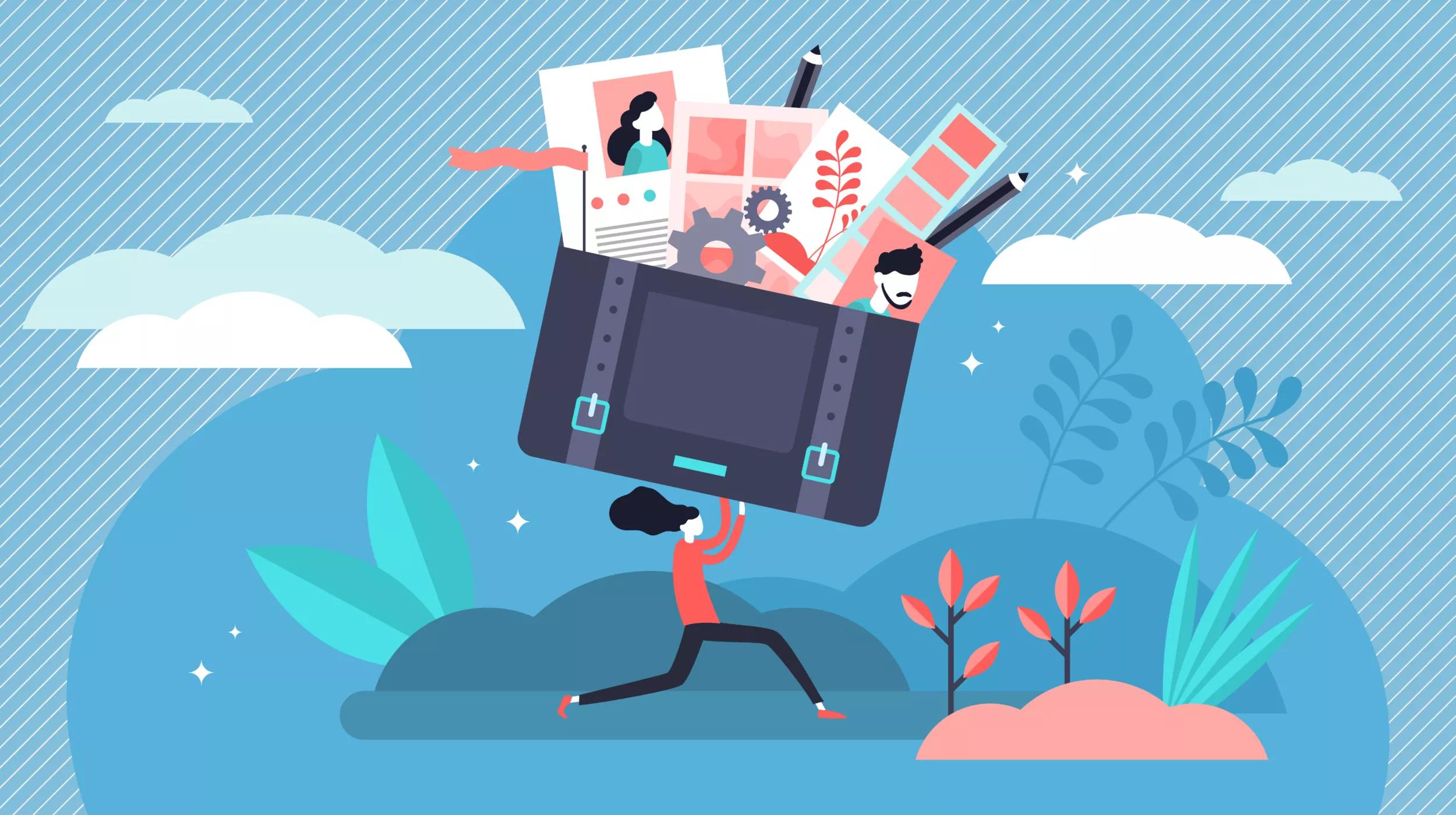 Illustration of a stylized person carrying an oversized, overflowing portfolio. The portfolio contains various items including pictures, documents, a gear, and art supplies, symbolizing creativity or work. The background features an abstract landscape with plants, clouds, and a pattern of diagonal lines.