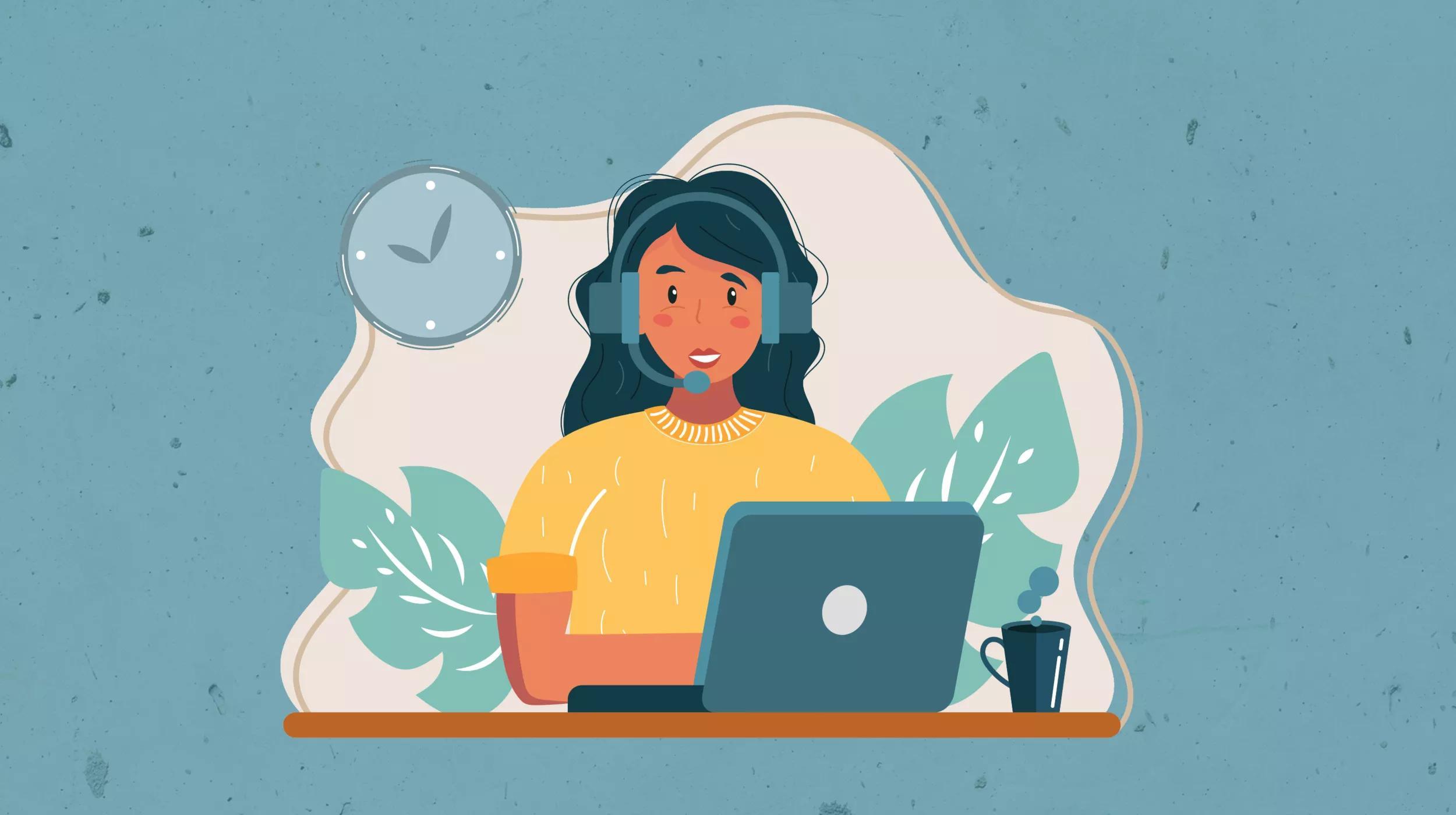 An illustration of a woman with dark hair wearing a yellow top and headphones, sitting at a desk with a laptop in front of her. A cup of coffee is also on the desk, and a clock hangs on the wall above in a room with a textured blue background. The image has a calm and organized home office vibe.