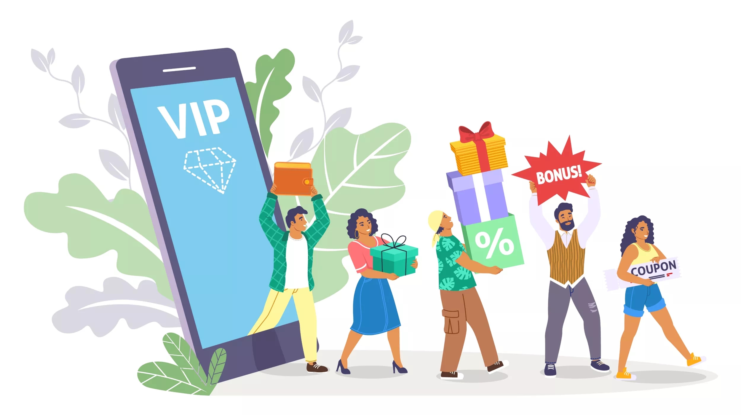 Illustration of a large smartphone displaying "VIP" with a diamond icon on the screen. Surrounding the phone are five diverse people carrying various rewards, such as gift boxes, a percentage discount sign, a coupon, and a "BONUS!" sign, symbolizing exclusive membership benefits, discounts, and promotions. The background includes abstract leaves, adding a dynamic and engaging feel.