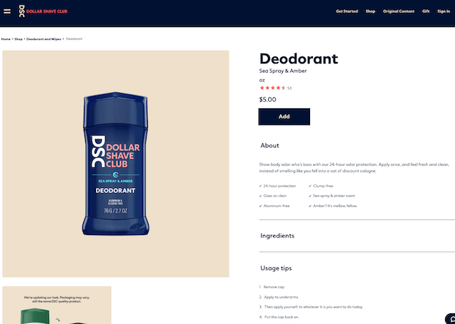 Dollar Shave Club product description for deodorant