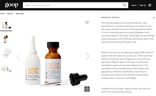 Goop product description for skincare product