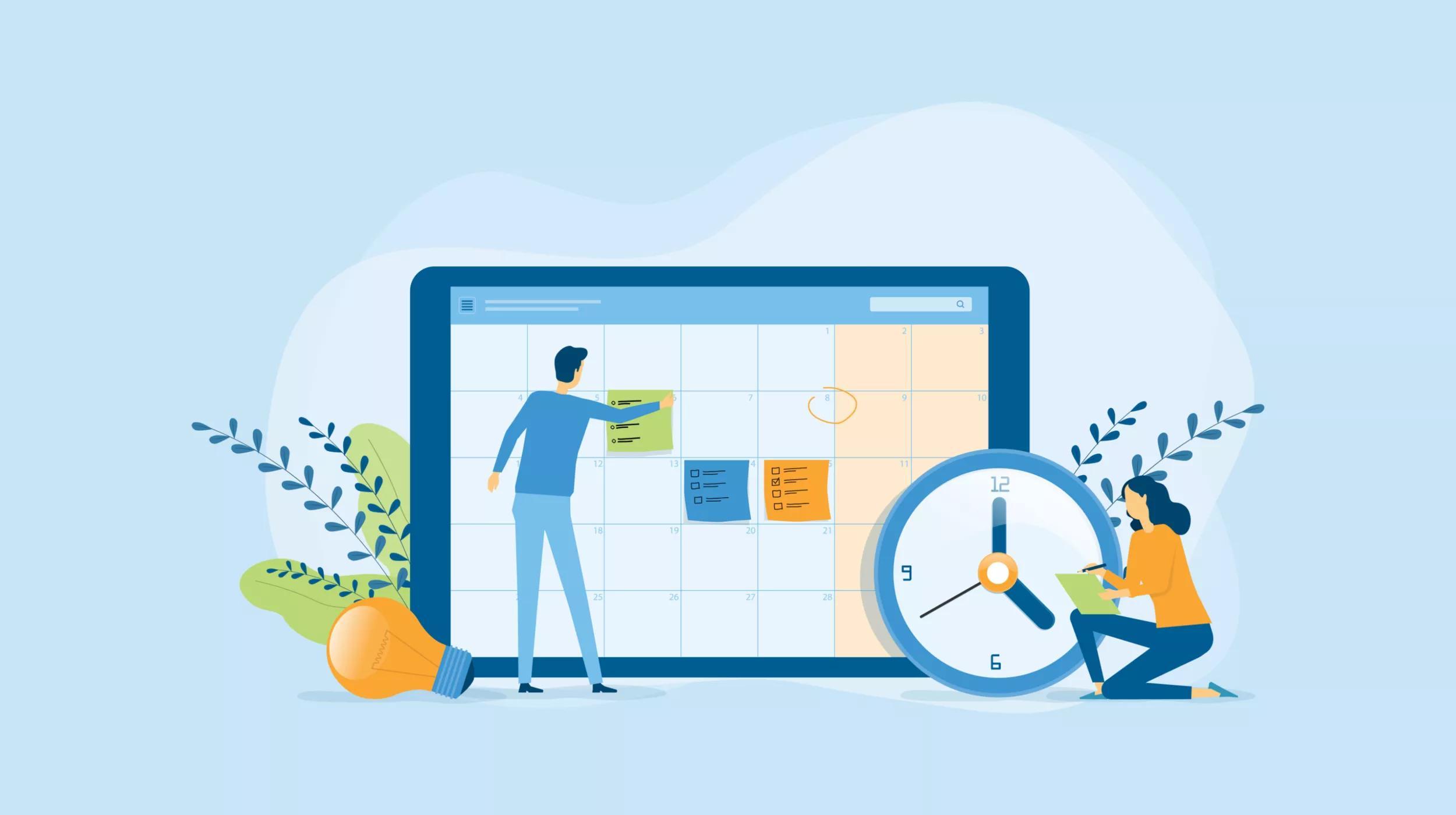Illustration of two animated characters interacting with oversized office items. On the left, a male figure is placing a sticky note on a giant digital calendar on a screen. On the right, a female figure sits by a large clock, taking notes. The setting includes a large light bulb and leafy decorations, suggesting a theme of productivity and content calendar organization in a workplace environment
