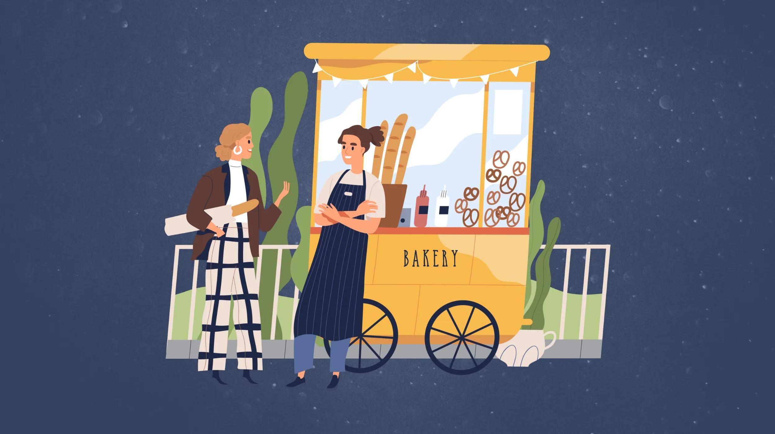 Illustration of a bakery stand with two people interacting. The bakery stand is yellow, with two wheels and a counter displaying various baked goods like baguettes and pretzels. A person wearing a striped apron, light-colored shirt, and blue pants stands behind the counter, smiling and conversing with a customer. The customer is holding a baguette and has short, blonde hair, wearing a brown jacket, white top, and checkered pants. The background is simple, with large green plants on either side of the stand, and a dark blue, textured sky.