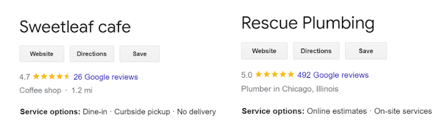 Screenshot examples of Google business listings