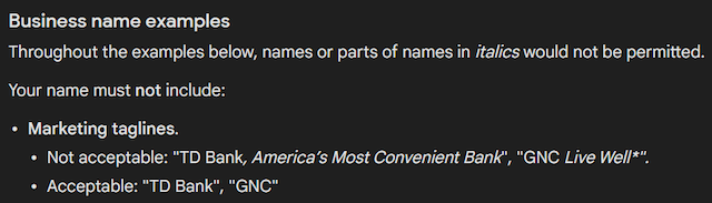 Screenshot of business name examples