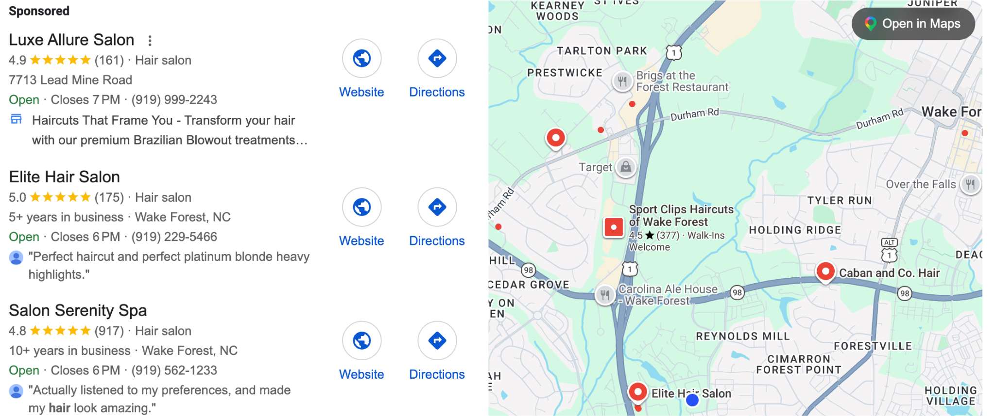 Sponsored ads can appear in local search results.