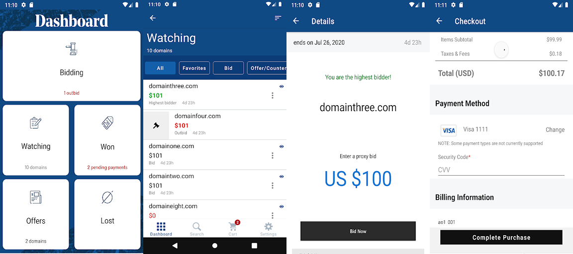 Four Screenshots from GoDaddy Auctions Display Side by Side