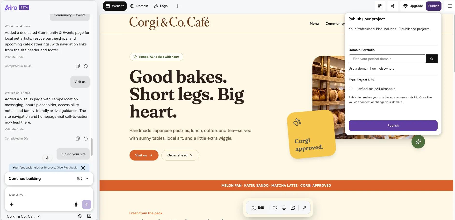 Screenshot showing a website created using AI Builder, ready for publishing.
