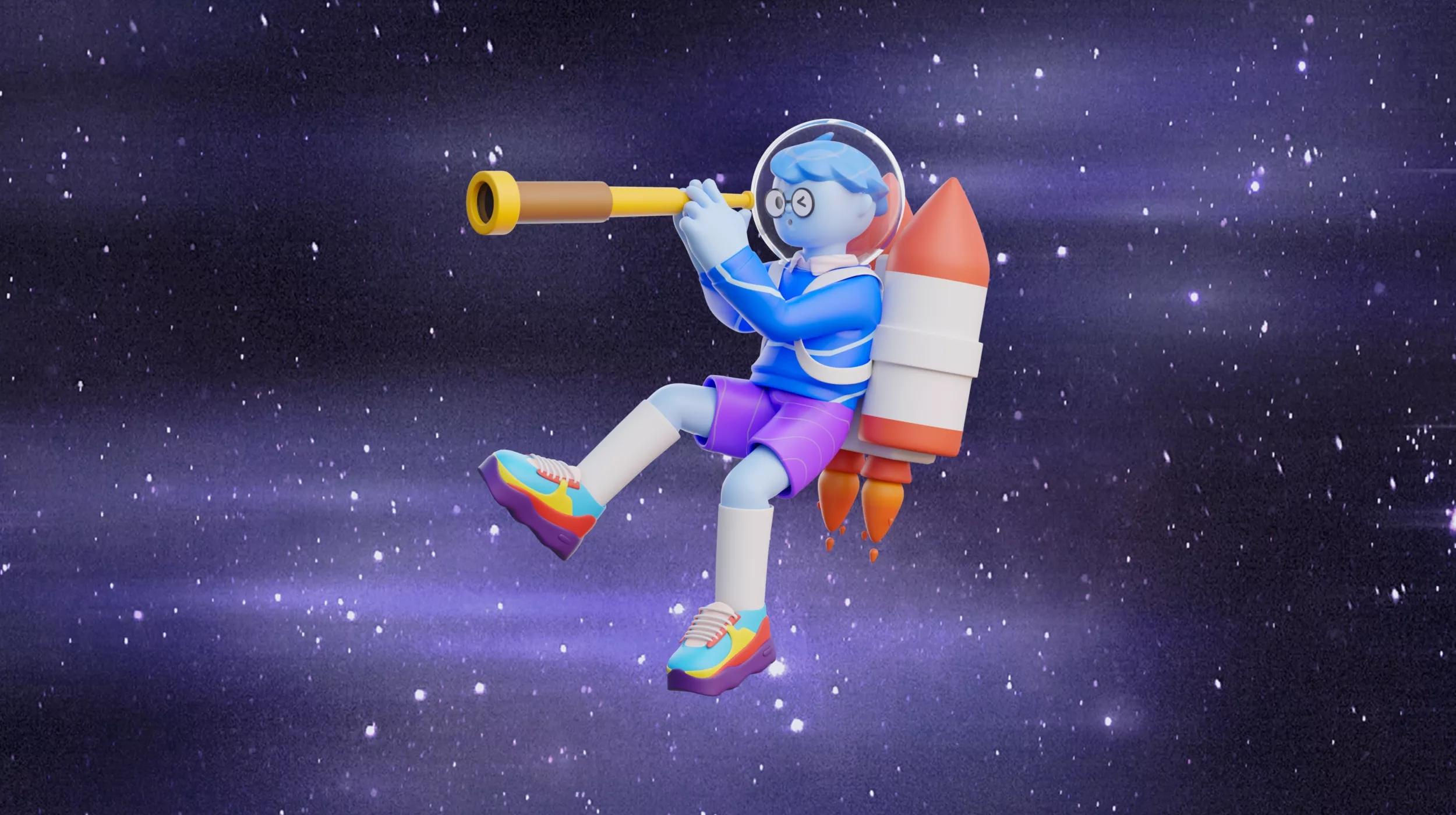 An animated character wearing a spacesuit and a helmet with a visor is seated on a rocket with flames coming out of the bottom, suggesting motion. The character is looking through a handheld telescope, and their legs are casually crossed. They are floating against a starry space background. The character's footwear is colorful, resembling modern sneakers.