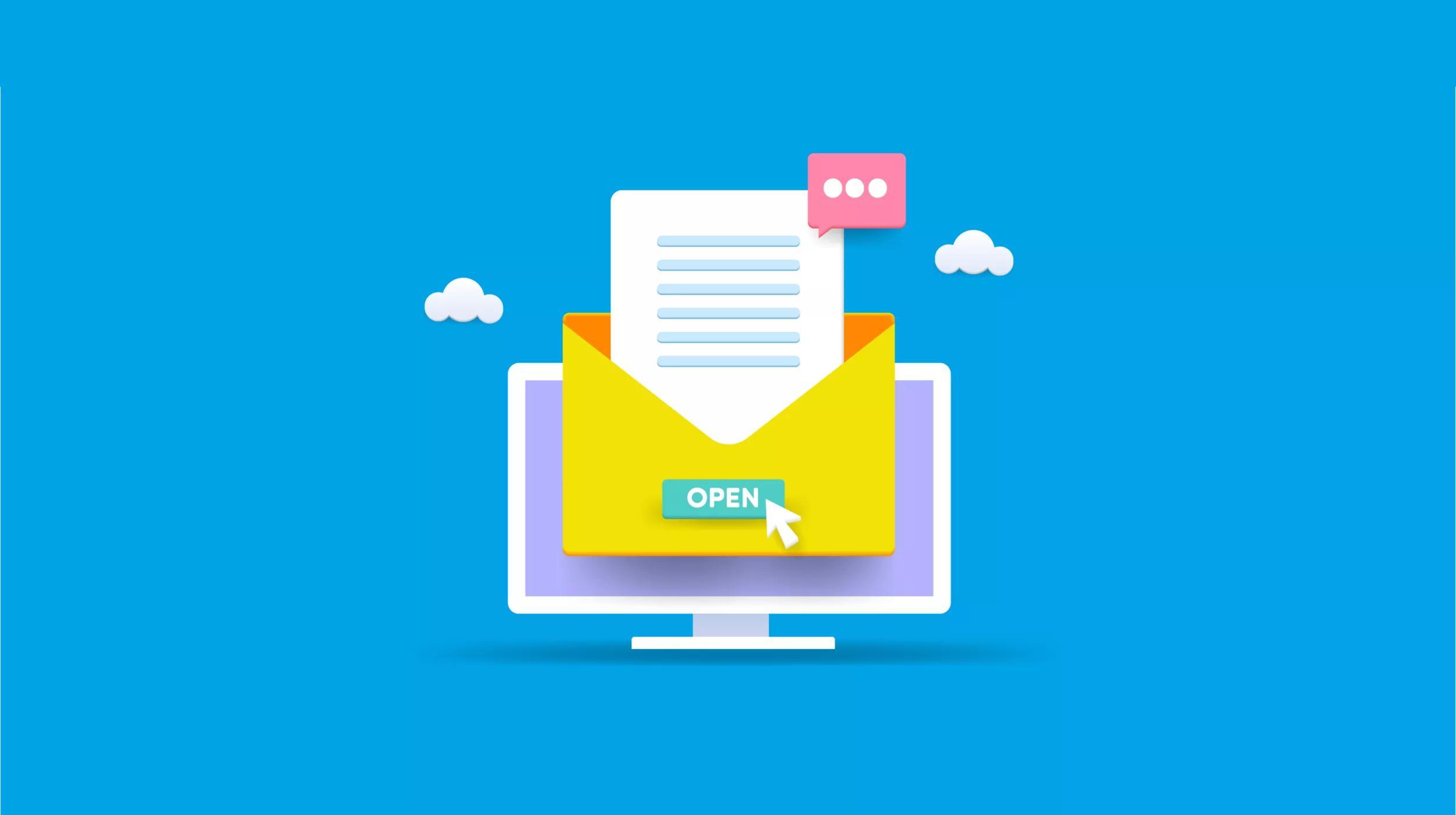 A stylized illustration of an envelope with the word "OPEN" and a cursor arrow pointing to it, appearing on a computer monitor against a blue background with white clouds. The envelope is open, displaying a document with text lines and a speech bubble icon. The scene suggests checking or receiving an email message.