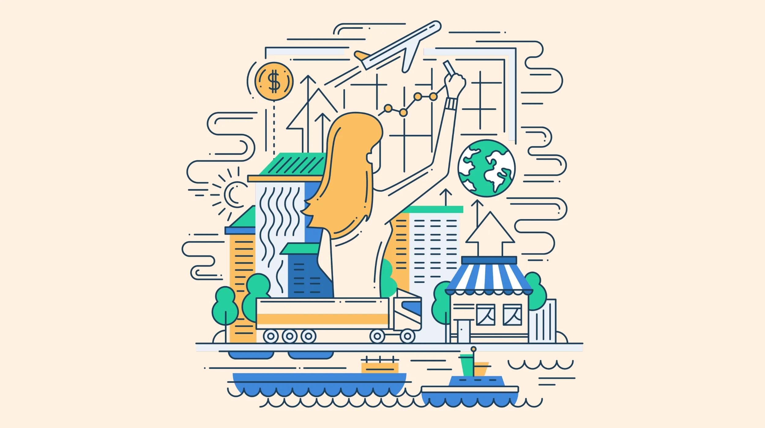 Illustration representing the concept of "What is a business model," featuring a woman drawing a rising graph on a large chart. Surrounding her are elements symbolizing different aspects of a business model, including a dollar sign, upward arrows, an airplane, a globe, various buildings, a storefront, a truck, and ships on water, all in blue, green, yellow, and orange tones on a light beige background.