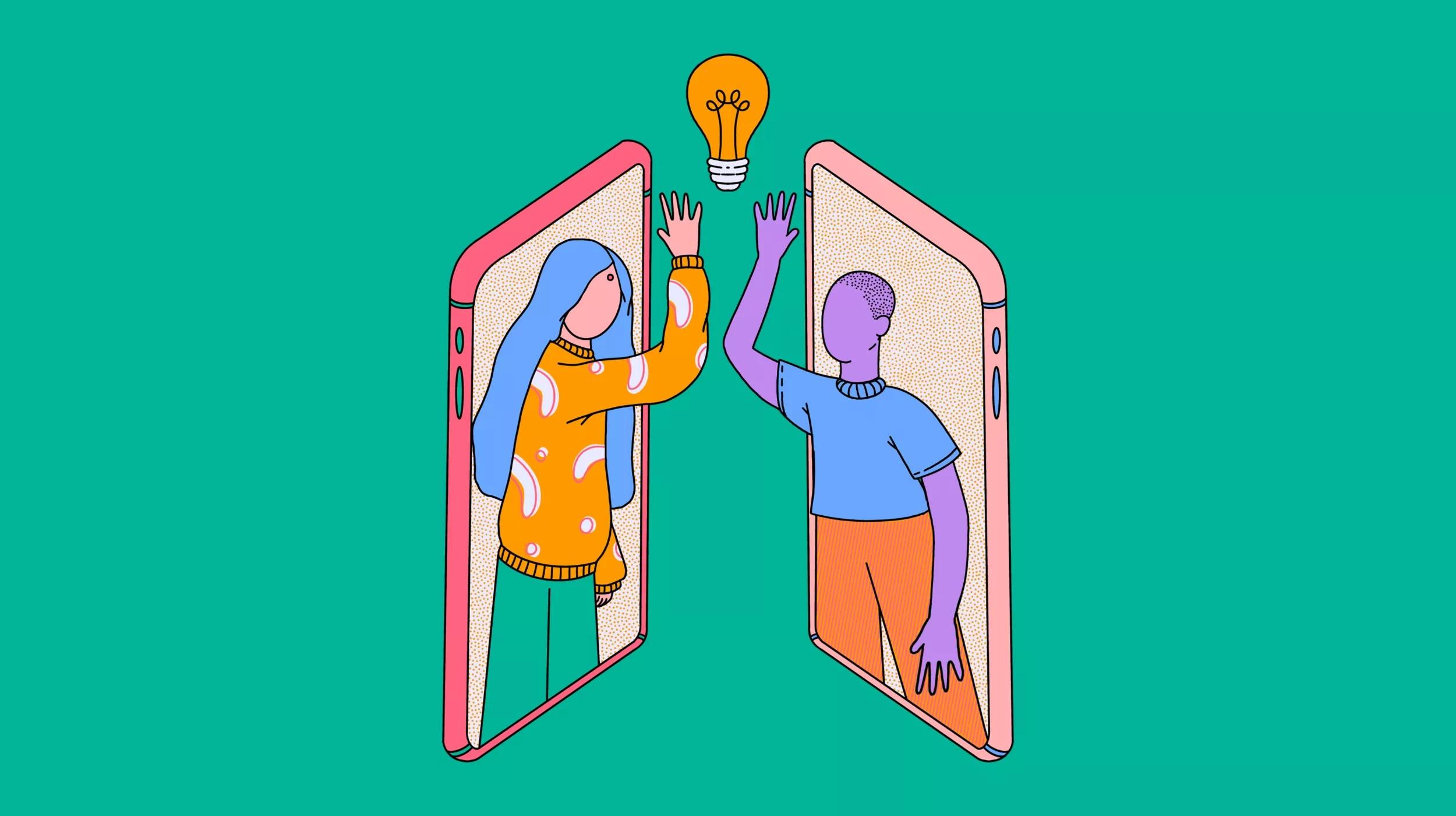 Illustration of two people engaging through their smartphones. On the left, a person with long blue hair wearing a yellow sweater with red dots is reaching up towards a lightbulb symbol, visible through their phone screen. On the right, a person with purple hair and wearing a blue shirt and orange pants is doing the same from their side, suggesting a shared idea or connection over a digital platform.