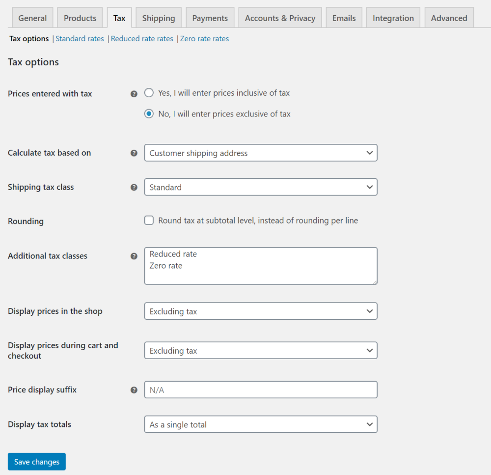 Screenshot of the WooCommerce tax settings screen