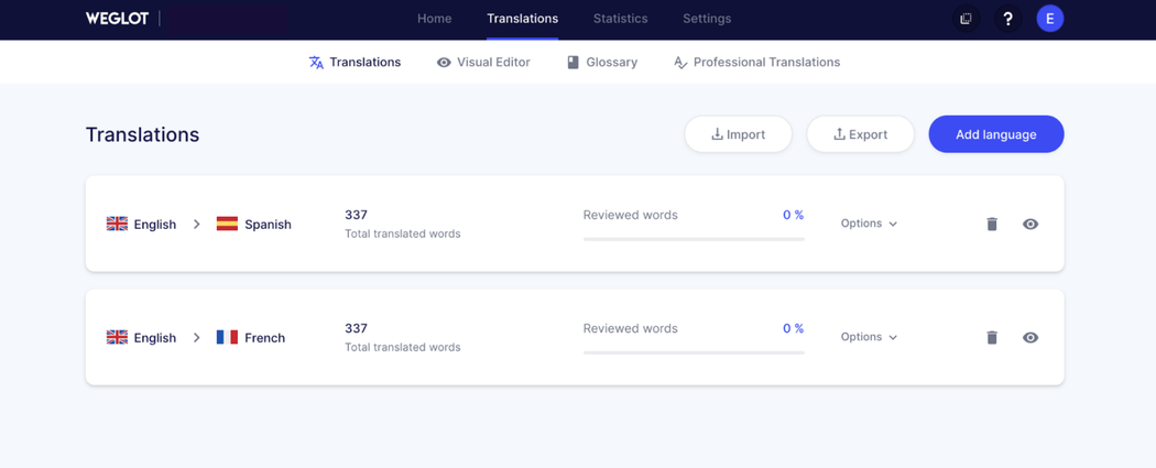 Screenshot of the Weglot translation tool