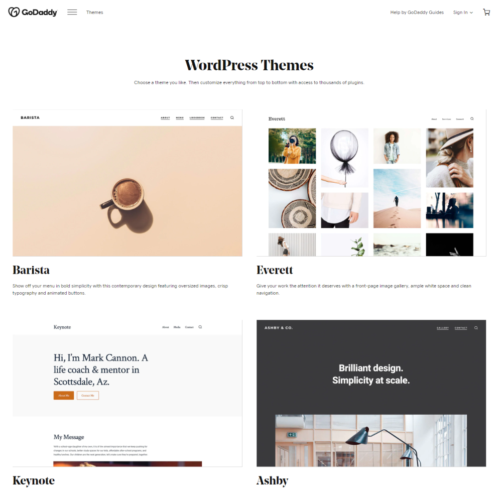 Screenshot of WordPress themes from GoDaddy