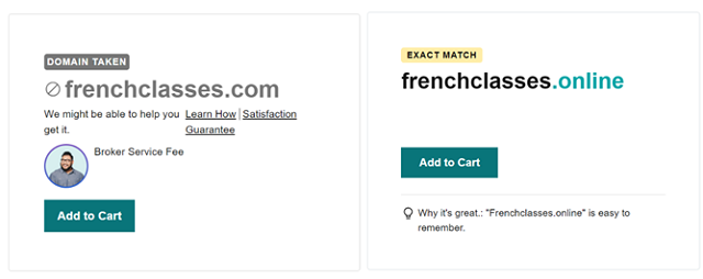 Screenshot of frenchclasses.com showing as taken, and frenchclasses.online available.