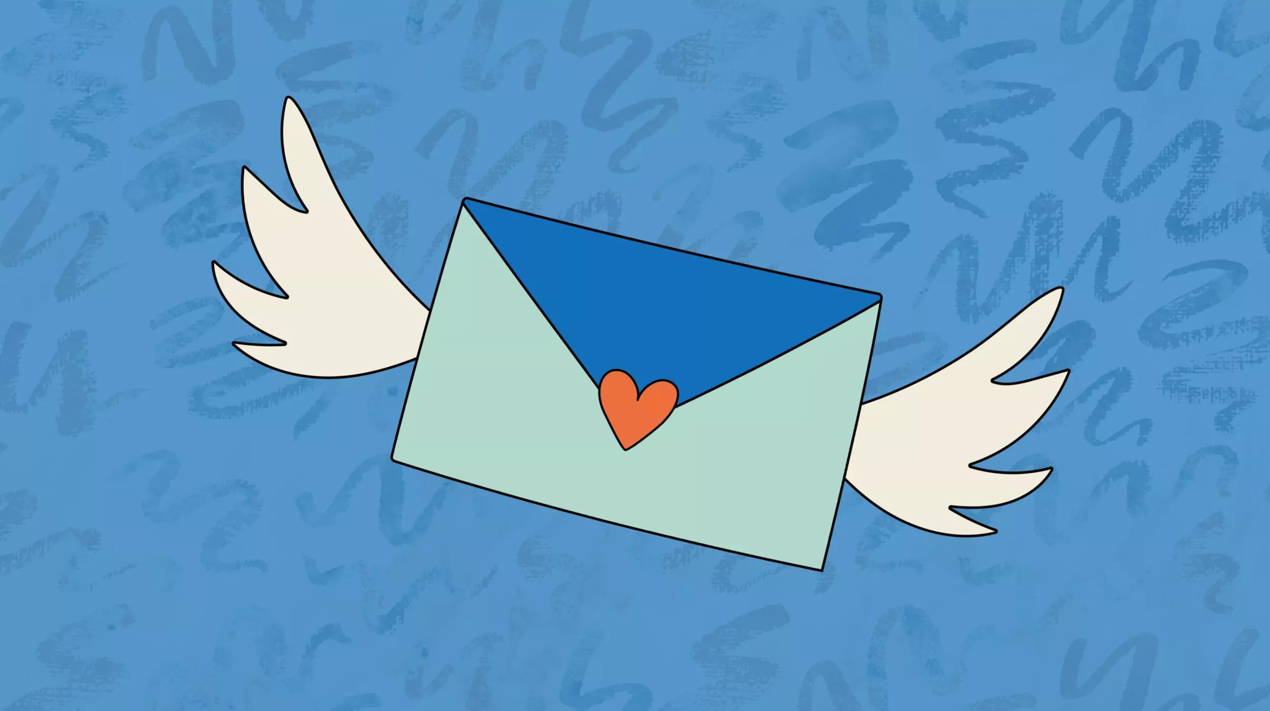 An illustration of a stylized envelope with wings against a blue background with abstract markings. The envelope is light blue with a dark blue flap and a red heart seal, suggesting the concept of a love letter or message being delivered. The wings attached to the envelope are white, adding to the impression of flight and swift delivery.