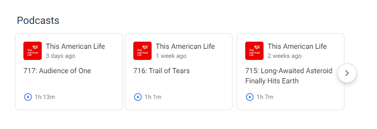 Screenshot of Google search rich results for podcast episodes