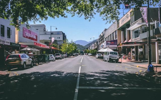Looking down a local street with shops