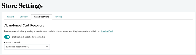 Abandoned cart recovery store settings