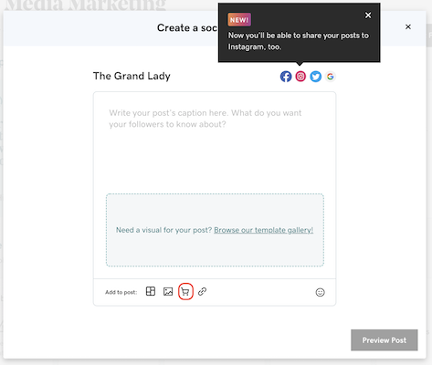 Create a social post screenshot with shoppong cart option circled on bottom