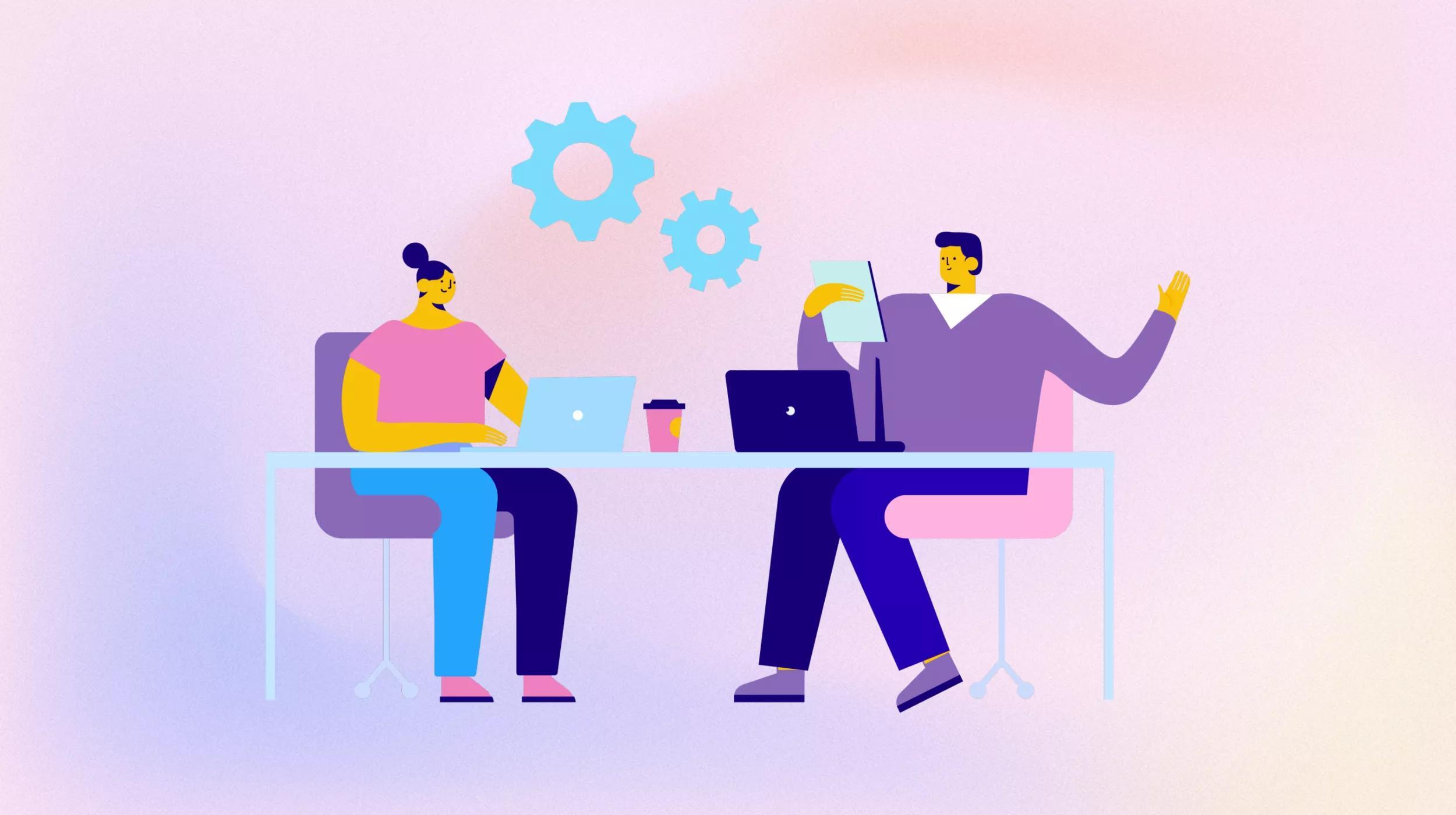 Illustration of two people working at a desk. On the left, a person with a bun hairstyle is seated, looking at a laptop. On the right, another individual is gesturing with one hand and holding a document in the other, also with a laptop in front of them. Above the desk are two stylized gear icons, suggesting collaboration or teamwork. The background is a gradient of light purple to pink.