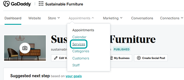 Appointments dropdown menu in Websites + Marketing