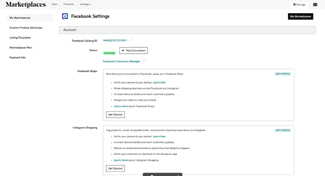 Facebook Shops and Instagram Shops settings in the Marketplaces panel