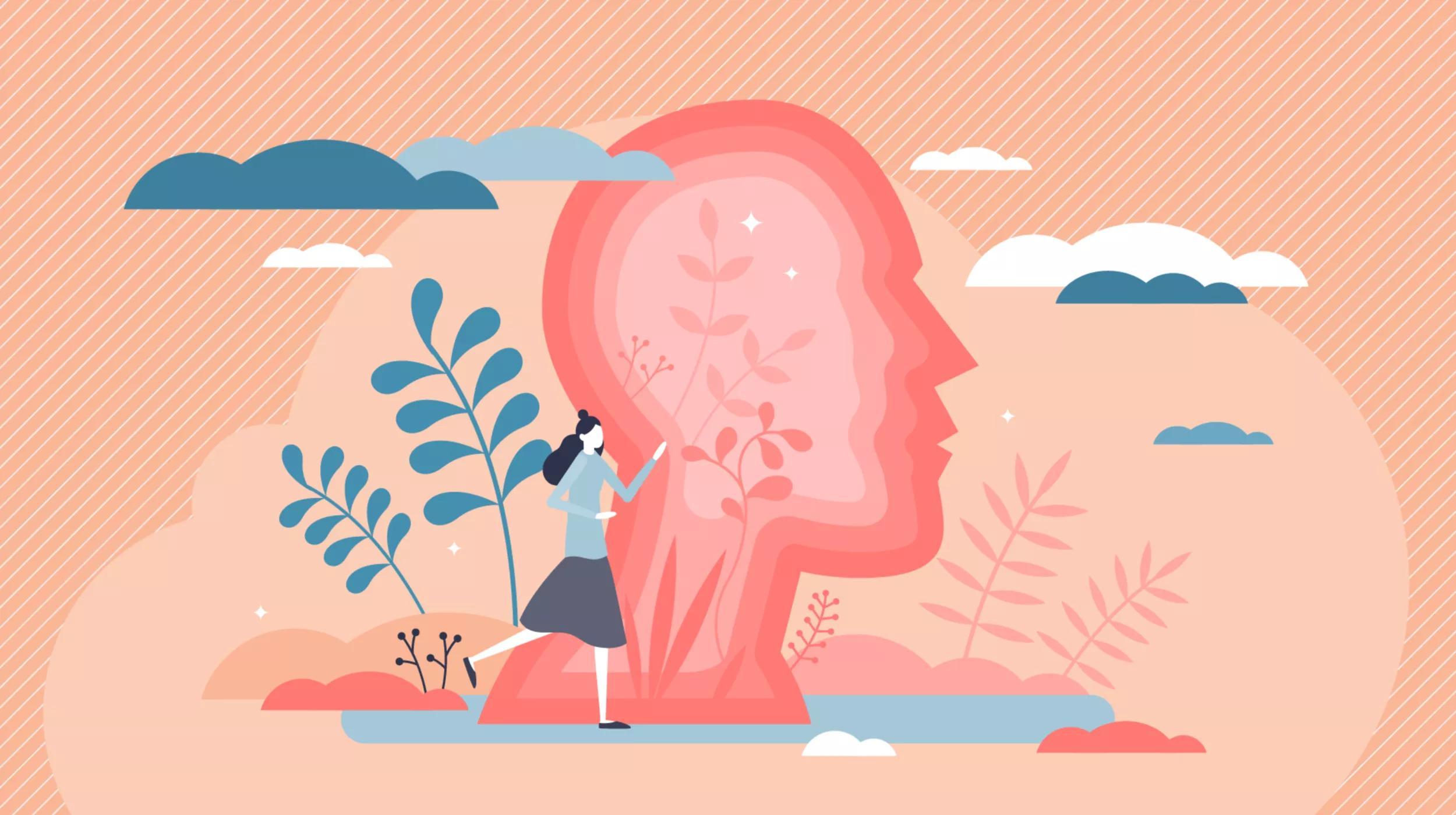 Illustration of a stylized human head silhouette in profile, with layers in shades of pink and red symbolizing the complexity of the mind. Inside the silhouette are plant-like designs, representing thoughts or growth. A small female figure stands beside the head, looking up towards it. The background features an abstract landscape with blue clouds, plants, and a muted orange sky with diagonal lines, conveying a serene and contemplative atmosphere.