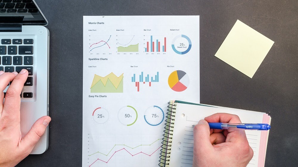Marketing chart on table with person writing on notepad and typing on laptop nearby