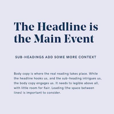 Hierarchy of headline, subheads, and body copy