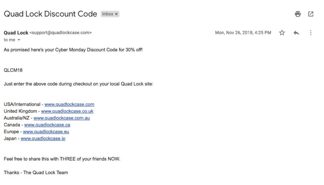Quad Lock discount codes email