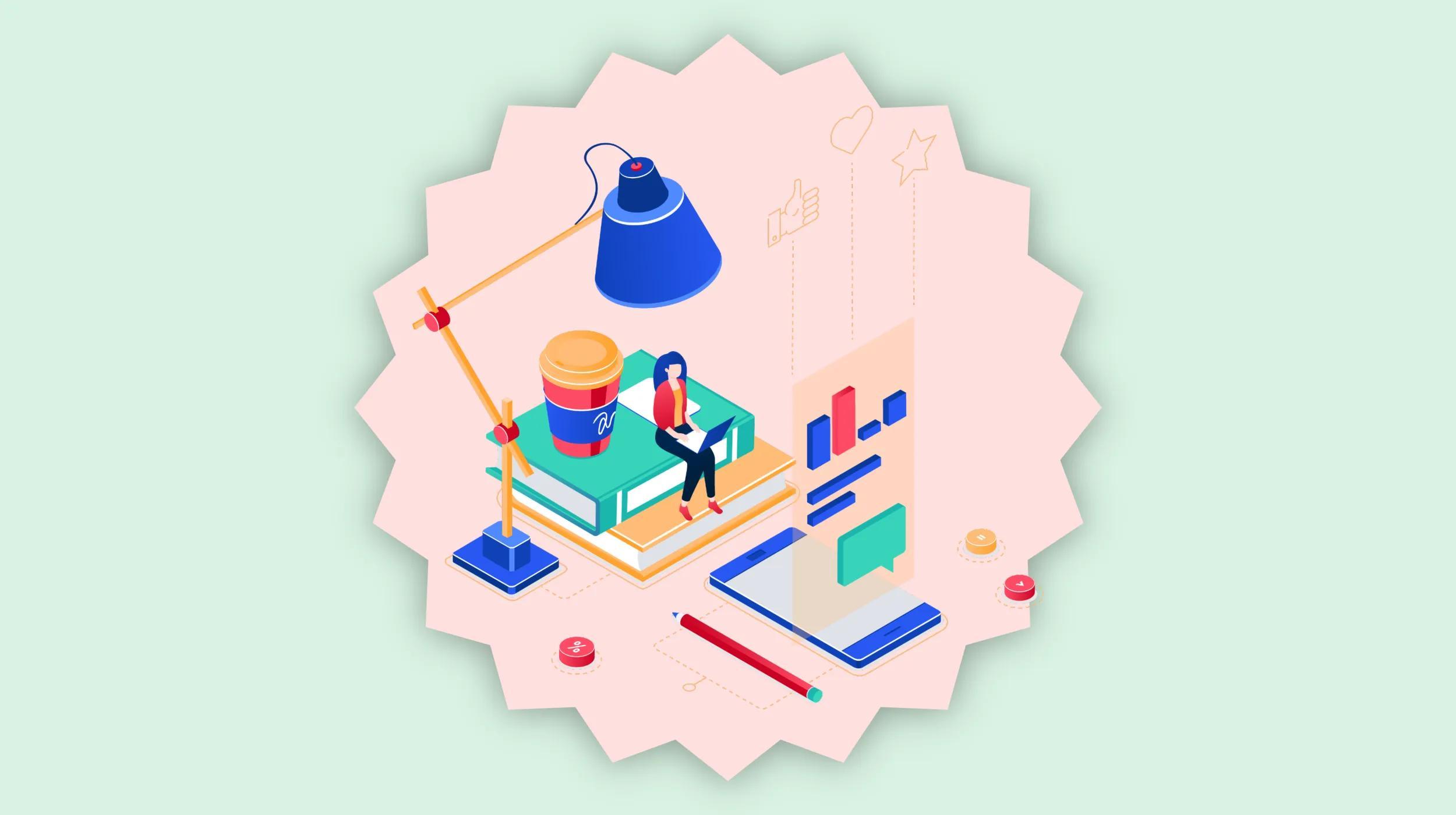 Isometric illustration of a workspace featuring a person sitting on a stack of books with a coffee cup beside them. A large desk lamp illuminates the scene. Nearby, a digital interface with charts, graphs, and social media icons hovers above a tablet and pen, representing online work, study, or digital communication. The background has a soft pastel tone with abstract shapes.